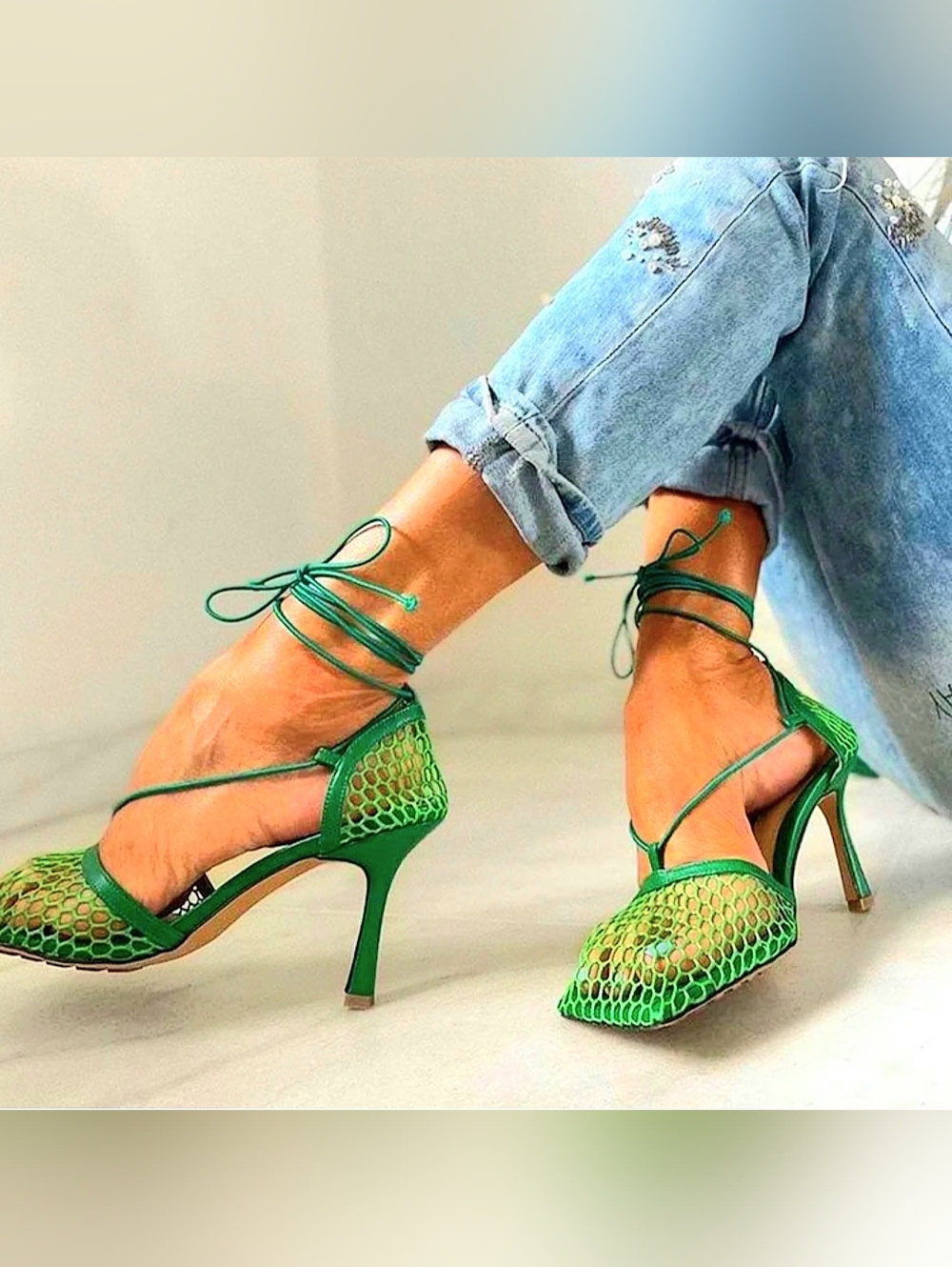 Fashion Nova Kelly Green Mesh Lace-Up Square-Toe Heels Size 6 NWT